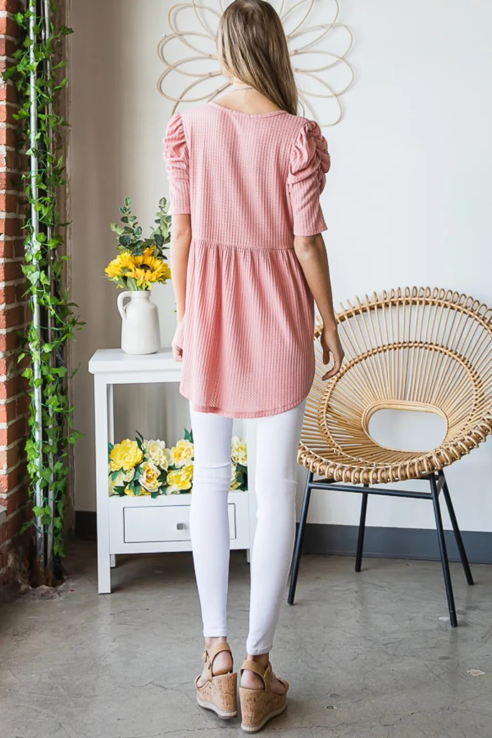 Heimish Full Size Waffle Knit V-Neck Babydoll Top- Rose- Pink