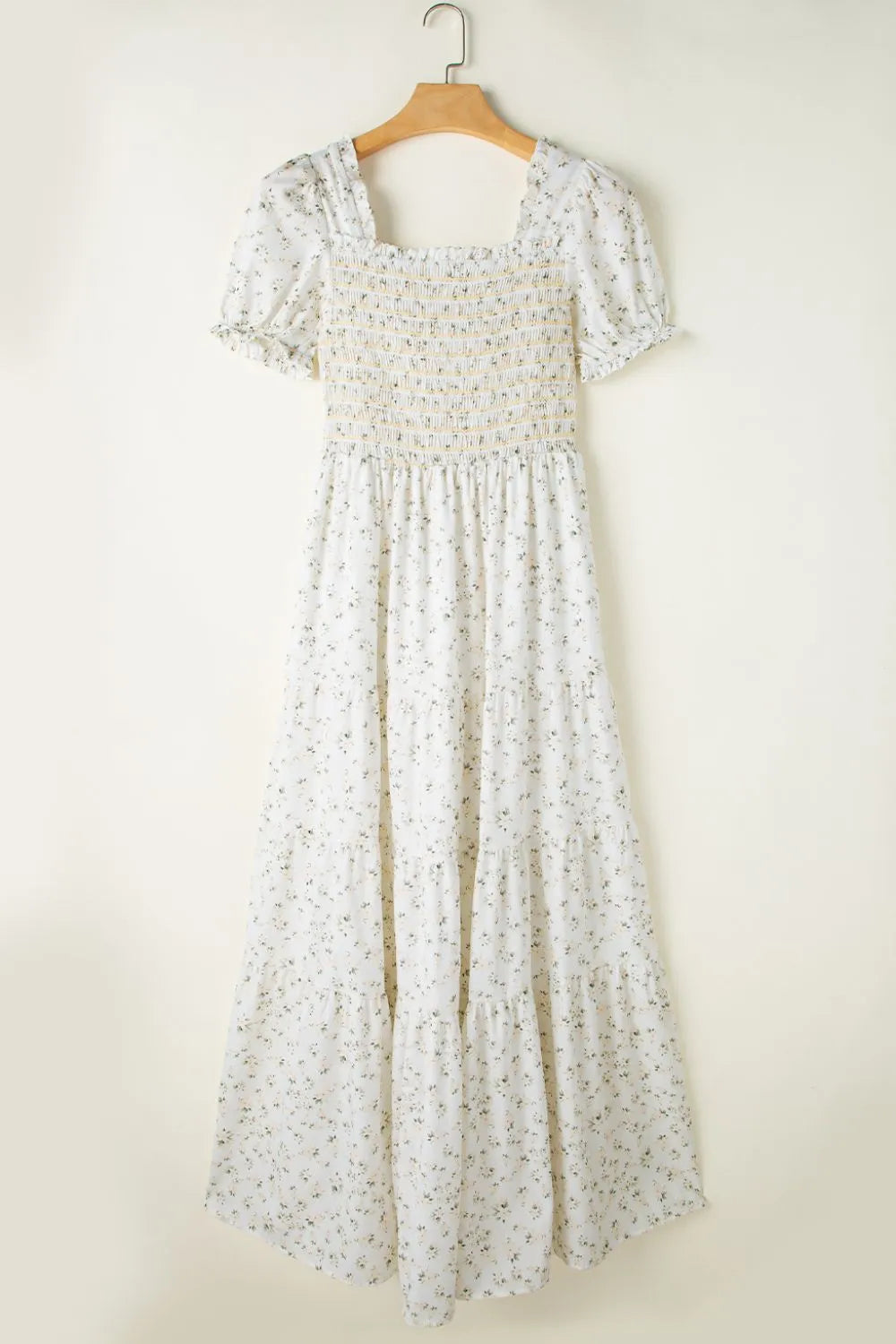 Floral Smocked Short Puff Sleeve Maxi Dress- White