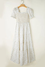 Floral Smocked Short Puff Sleeve Maxi Dress- White