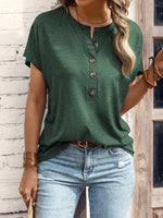 Half Button Short Sleeve Top- Dark Green