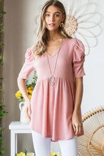 Heimish Full Size Waffle Knit V-Neck Babydoll Top- Rose- Pink