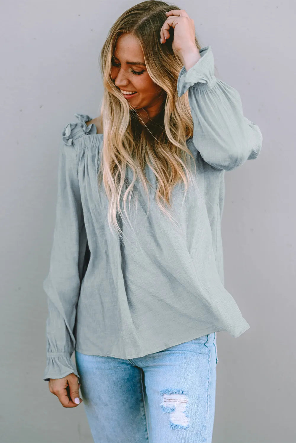 Frill Trim Flounce Sleeve Blouse- Sage