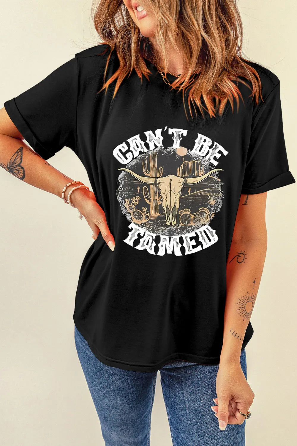 Graphic Round Neck Short Sleeve T-Shirt- Black