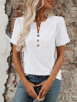 Eyelet Notched Short Sleeve Top- White