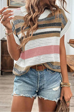 Stripe Color Block Eyelet Knit Short Sleeve Knit Top- Dusty Pink