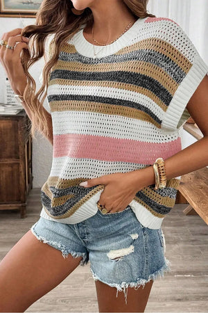 Stripe Color Block Eyelet Knit Short Sleeve Knit Top- Dusty Pink