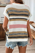 Stripe Color Block Eyelet Knit Short Sleeve Knit Top- Dusty Pink