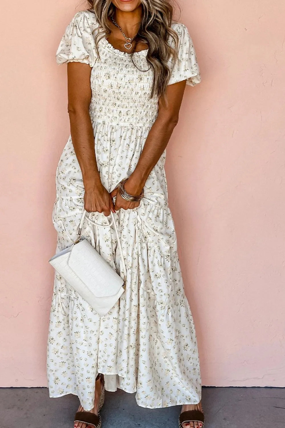 Floral Smocked Short Puff Sleeve Maxi Dress- White