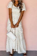 Floral Smocked Short Puff Sleeve Maxi Dress- White