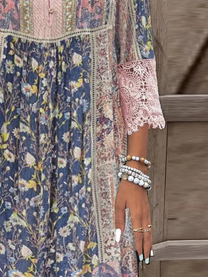 Full Size Lace Detail Printed Three-Quarter Sleeve Dress- Blush Pink