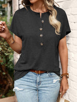 Half Button Short Sleeve Top- Black