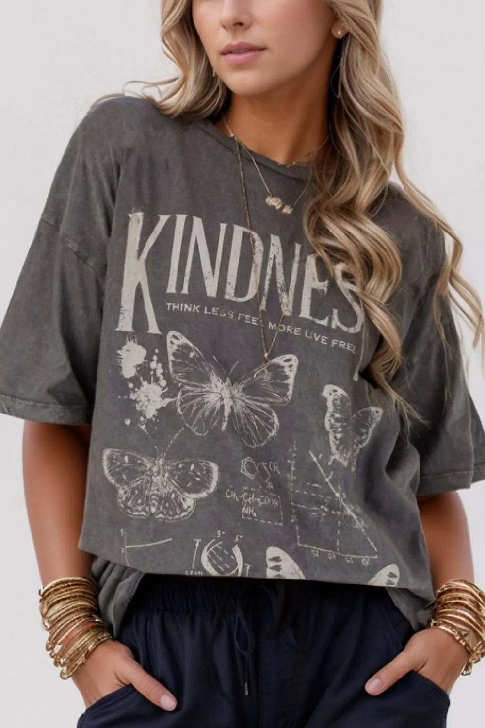 Kindness Butterflies Graphic Mineral Wash Loose Tee- Dark Gray
