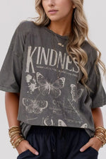 Kindness Butterflies Graphic Mineral Wash Loose Tee- Dark Gray