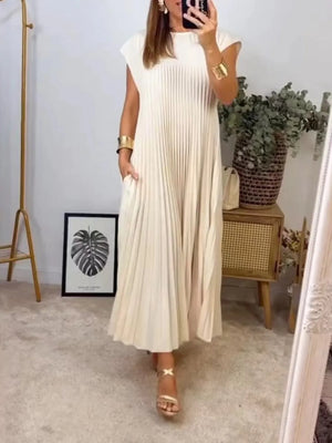 Full Size Pleated Round Neck Maxi Dress Plus Size- Khaki