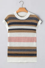 Stripe Color Block Eyelet Knit Short Sleeve Knit Top- Dusty Pink