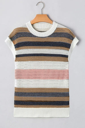 Stripe Color Block Eyelet Knit Short Sleeve Knit Top- Dusty Pink