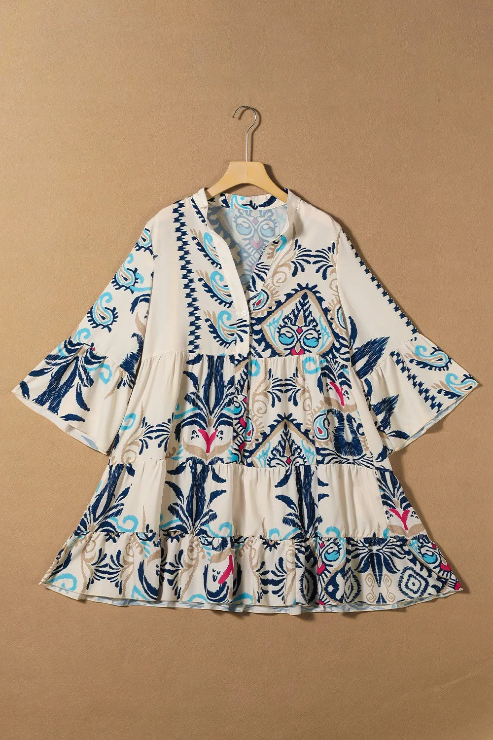 Printed Notched Three-Quarter Sleeve Mini Dress-Khaki-Beige-Floral