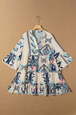 Printed Notched Three-Quarter Sleeve Mini Dress-Khaki-Beige-Floral