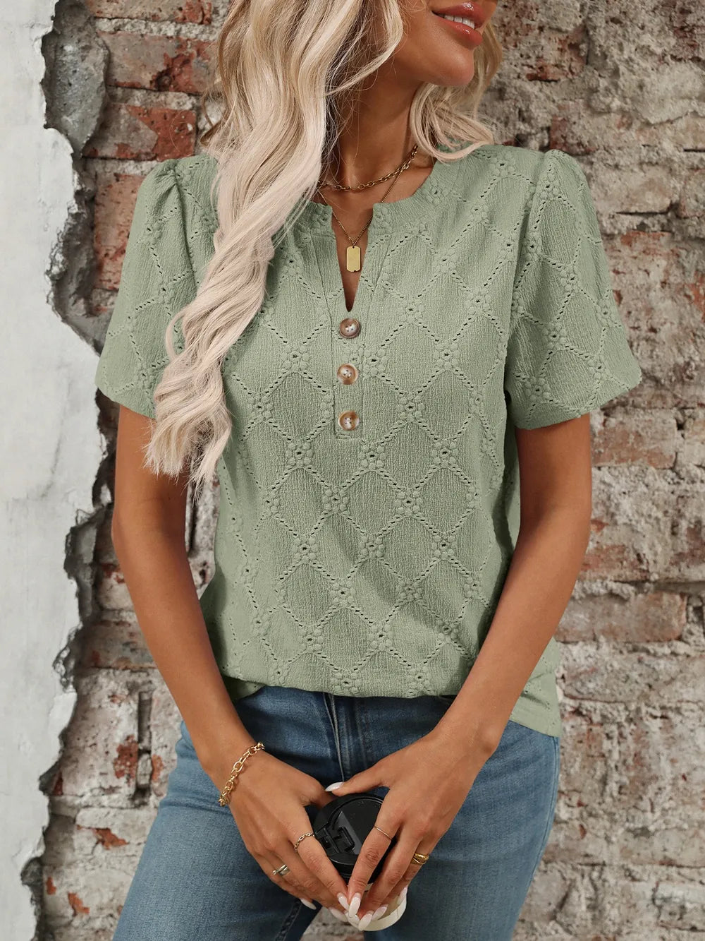 Eyelet Notched Short Sleeve Top- Sage