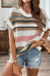 Stripe Color Block Eyelet Knit Short Sleeve Knit Top- Dusty Pink