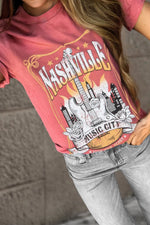Mineral Nashville Music City Graphic Retro T-Shirt-Burn Coral- Pink