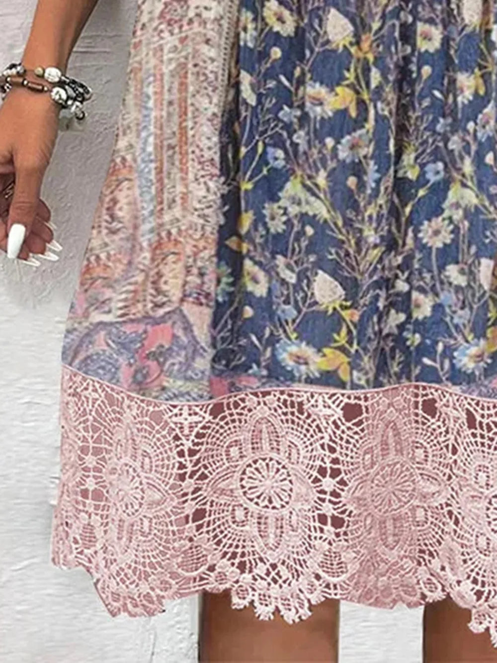 Full Size Lace Detail Printed Three-Quarter Sleeve Dress- Blush Pink