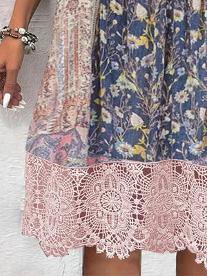 Full Size Lace Detail Printed Three-Quarter Sleeve Dress- Blush Pink