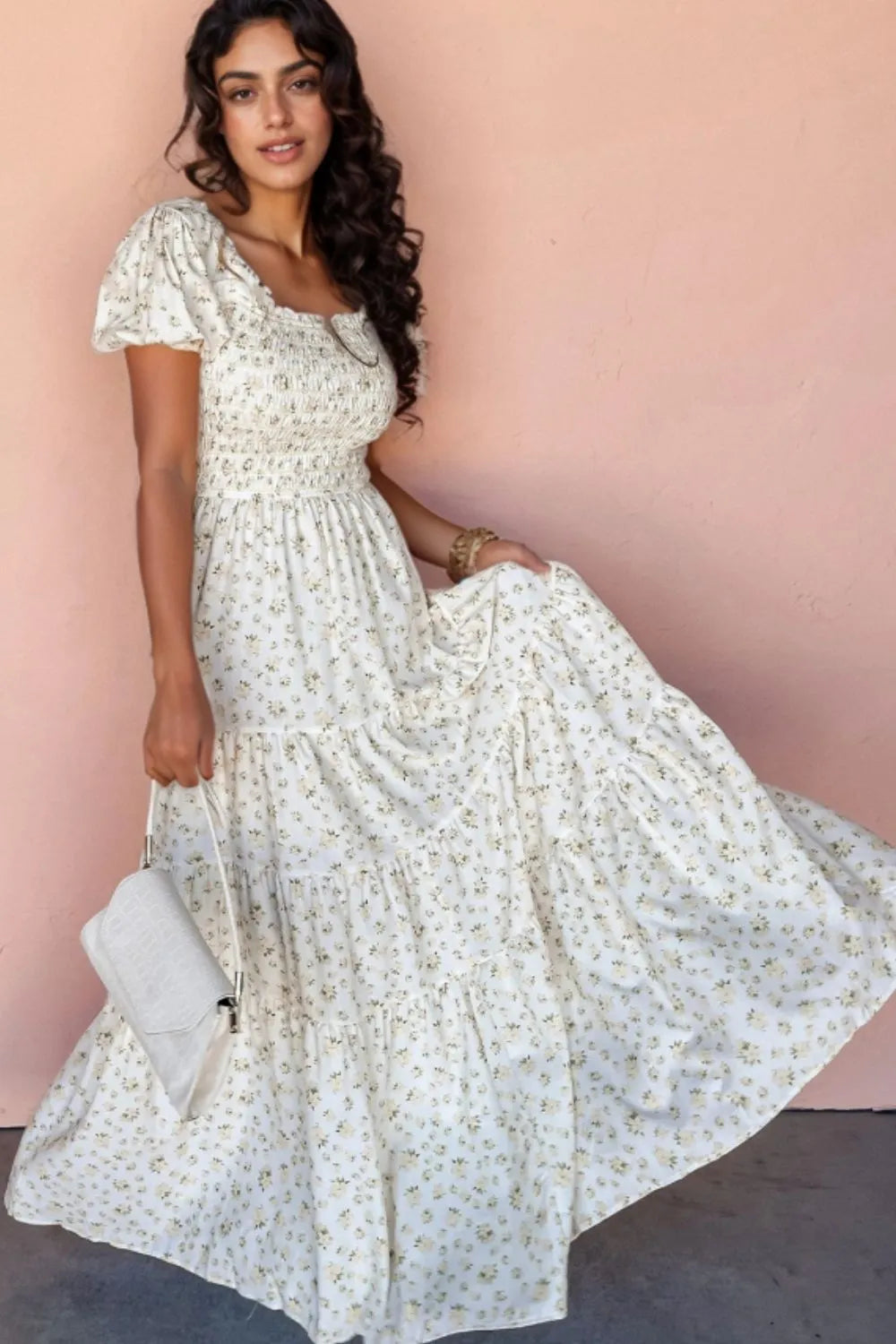 Floral Smocked Short Puff Sleeve Maxi Dress- White