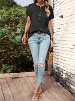 Half Button Short Sleeve Top- Black