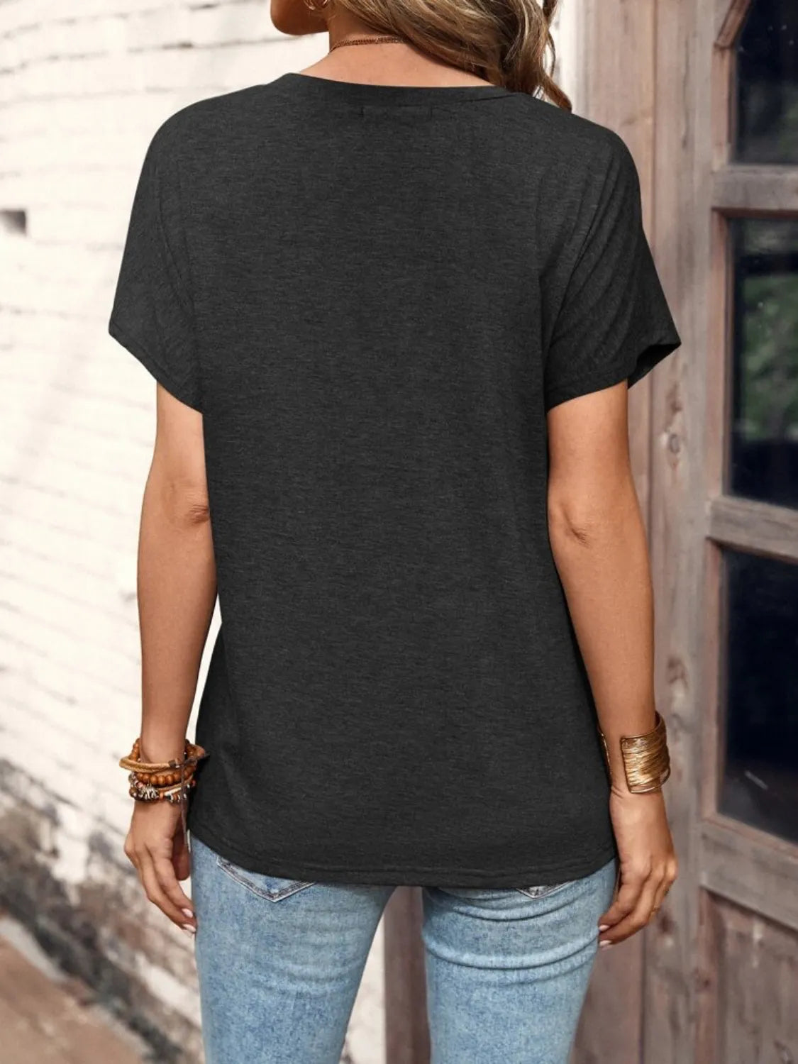 Half Button Short Sleeve Top- Black