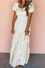 Floral Smocked Short Puff Sleeve Maxi Dress- White