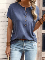 Half Button Short Sleeve Top- Dusty Blue