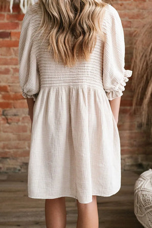 Textured Ruffled Puff Sleeve Loose Dress- Beige- Khaki