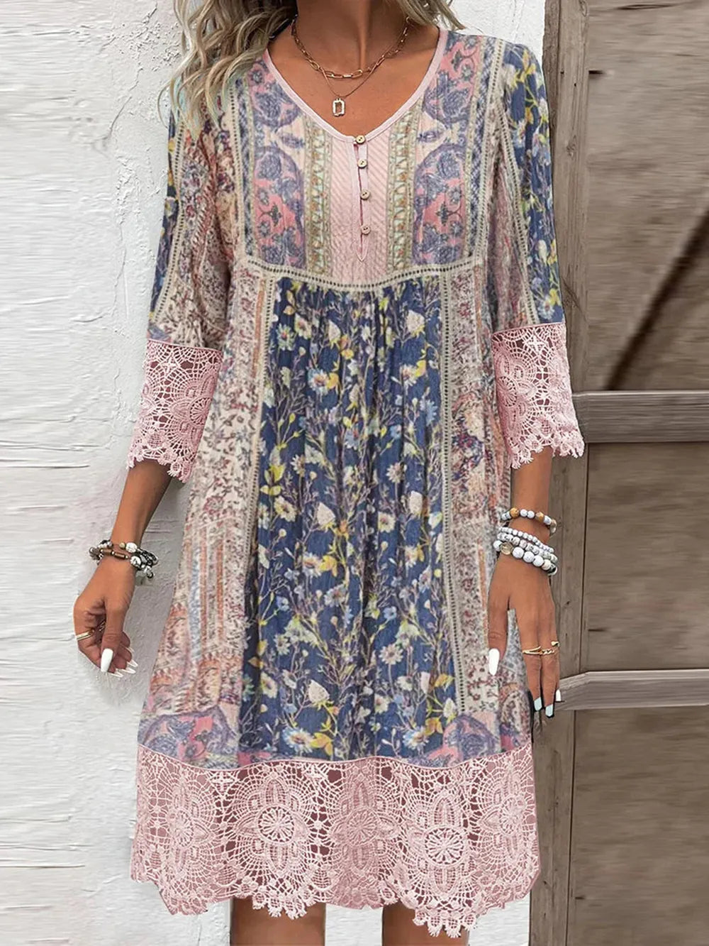 Full Size Lace Detail Printed Three-Quarter Sleeve Dress- Blush Pink