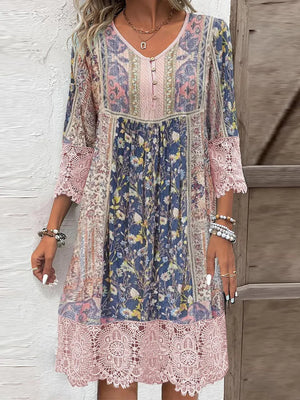 Full Size Lace Detail Printed Three-Quarter Sleeve Dress- Blush Pink