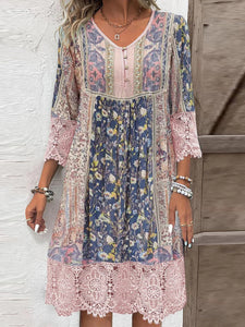 Full Size Lace Detail Printed Three-Quarter Sleeve Dress- Blush Pink