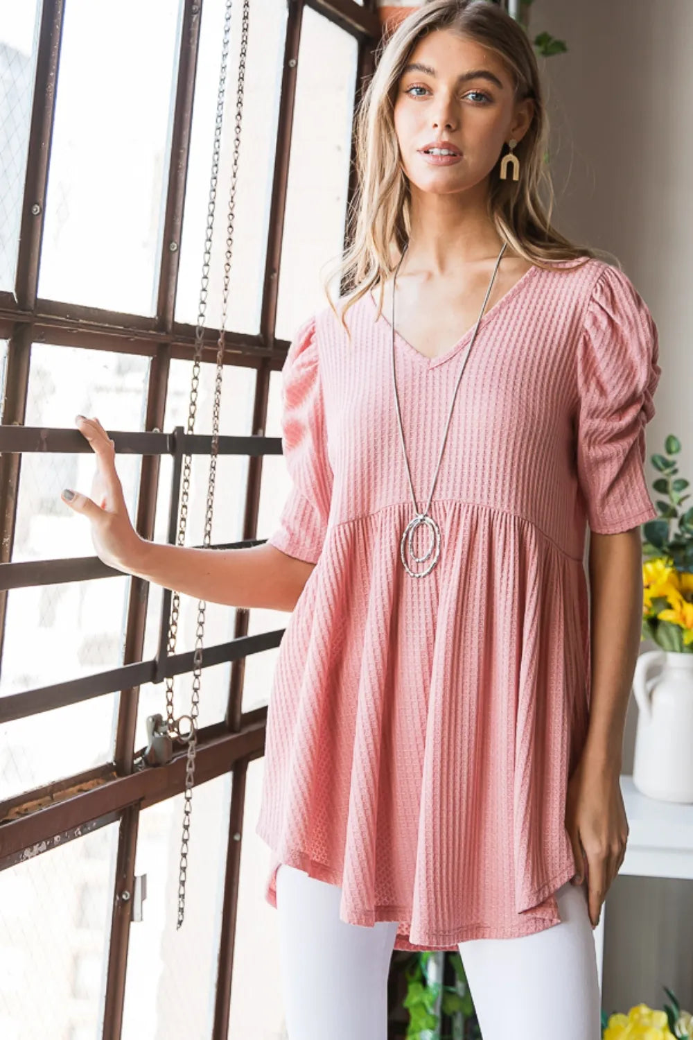 Heimish Full Size Waffle Knit V-Neck Babydoll Top- Rose- Pink