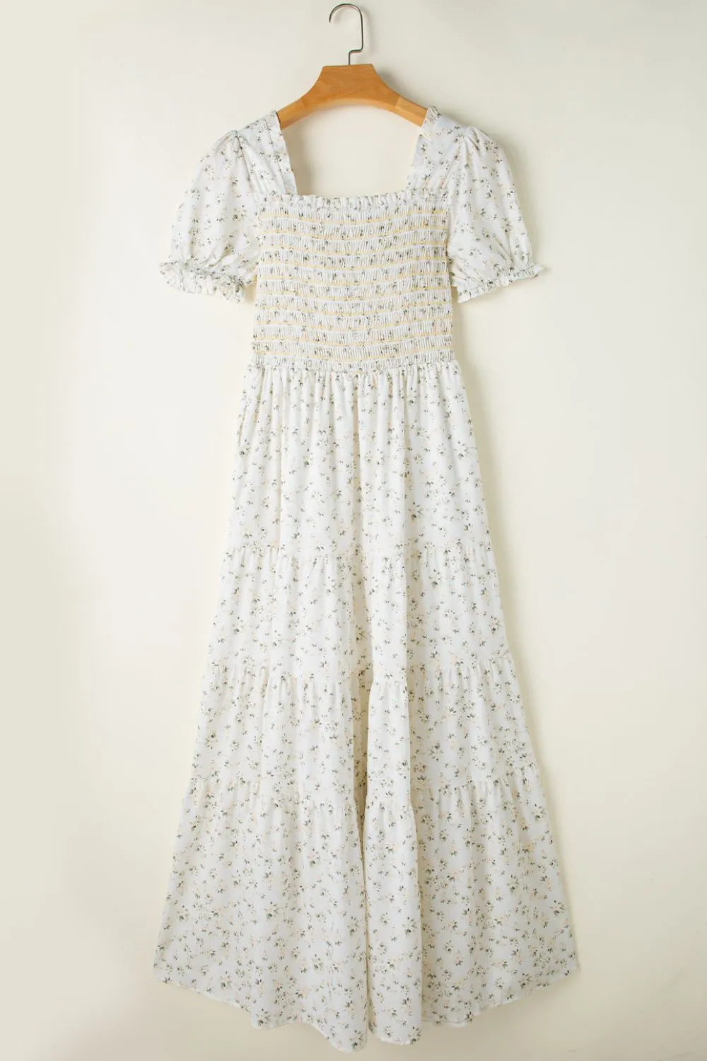 Floral Smocked Short Puff Sleeve Maxi Dress- White