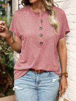 Half Button Short Sleeve Top- Dusty Pink