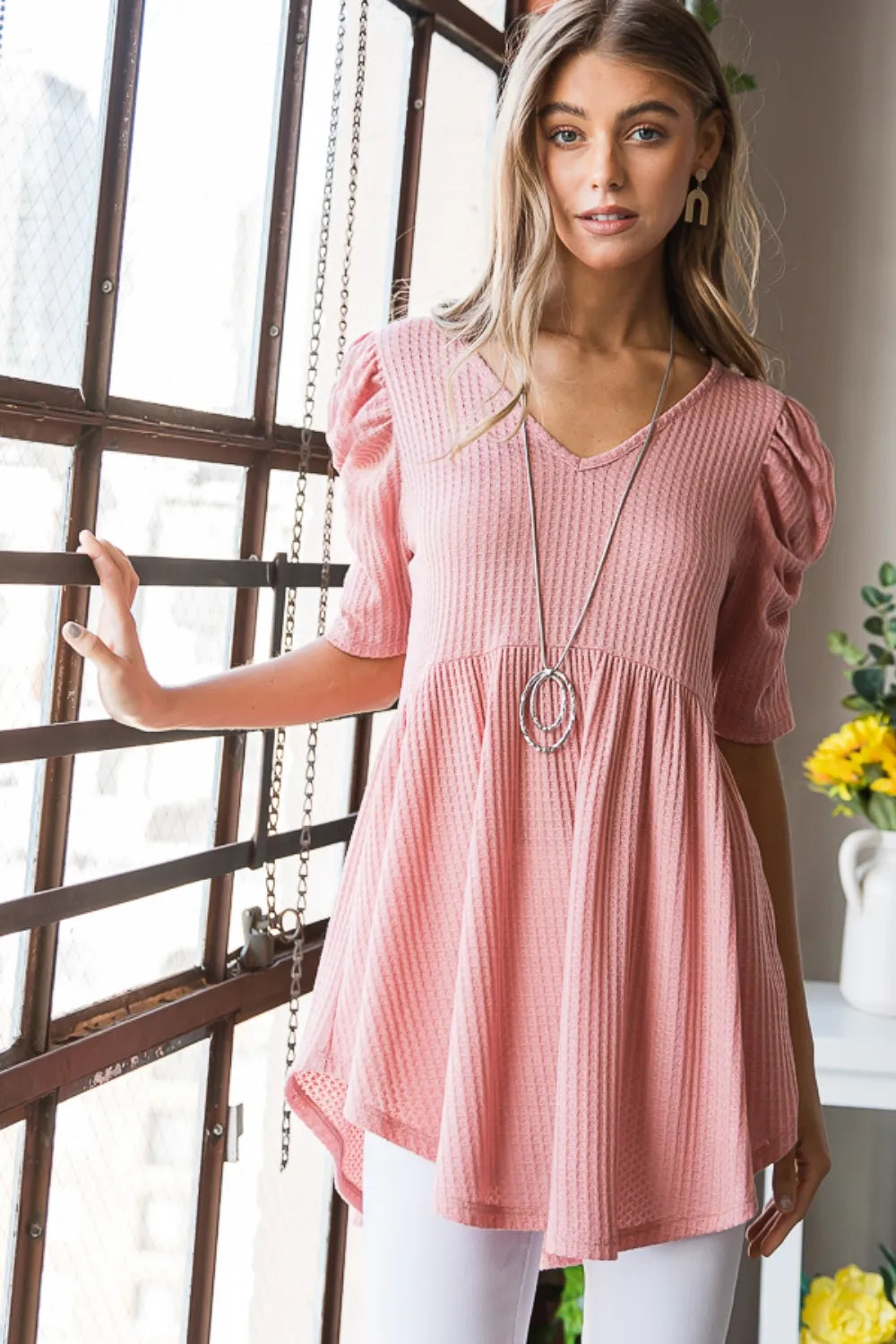 Heimish Full Size Waffle Knit V-Neck Babydoll Top- Rose- Pink