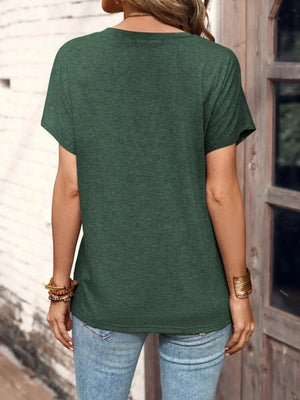 Half Button Short Sleeve Top- Dark Green