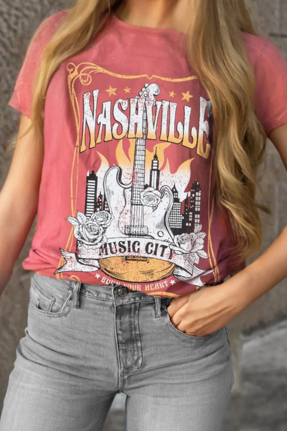 Mineral Nashville Music City Graphic Retro T-Shirt-Burn Coral- Pink