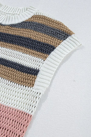 Stripe Color Block Eyelet Knit Short Sleeve Knit Top- Dusty Pink
