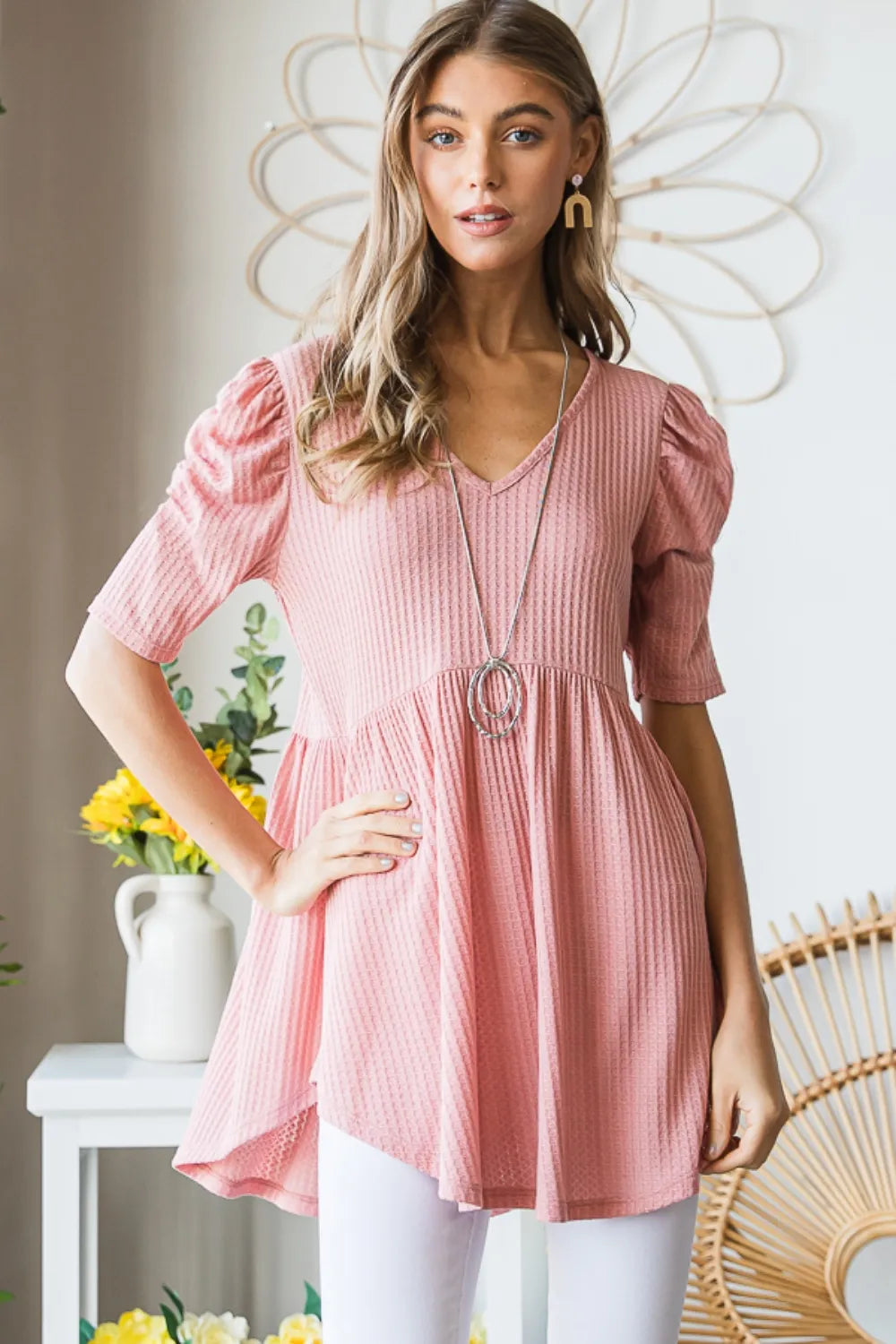Heimish Full Size Waffle Knit V-Neck Babydoll Top- Rose- Pink