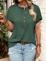 Half Button Short Sleeve Top- Dark Green