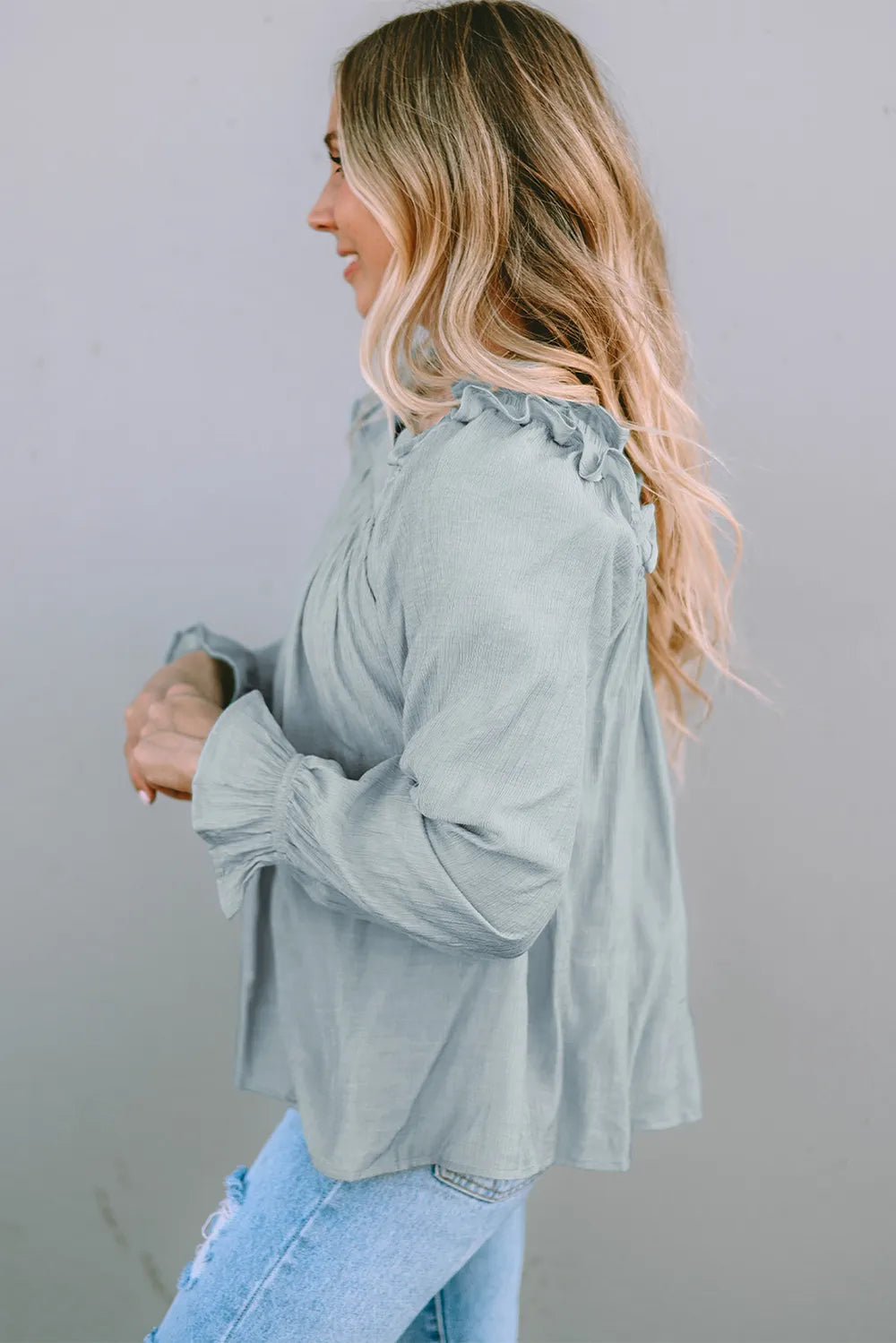 Frill Trim Flounce Sleeve Blouse- Sage