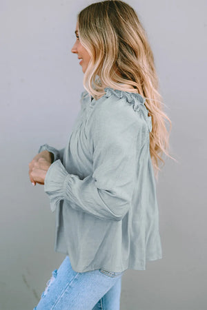Frill Trim Flounce Sleeve Blouse- Sage