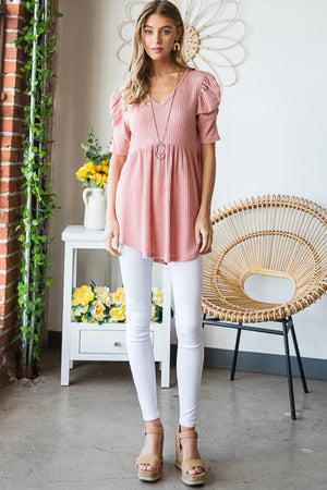 Heimish Full Size Waffle Knit V-Neck Babydoll Top- Rose- Pink