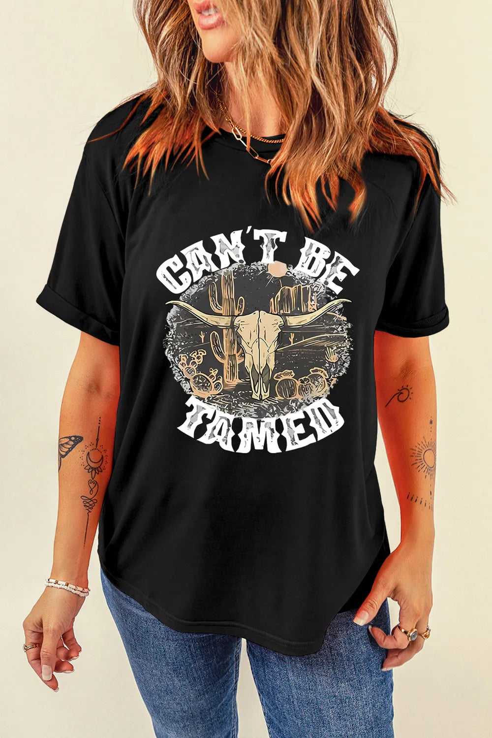 Graphic Round Neck Short Sleeve T-Shirt- Black
