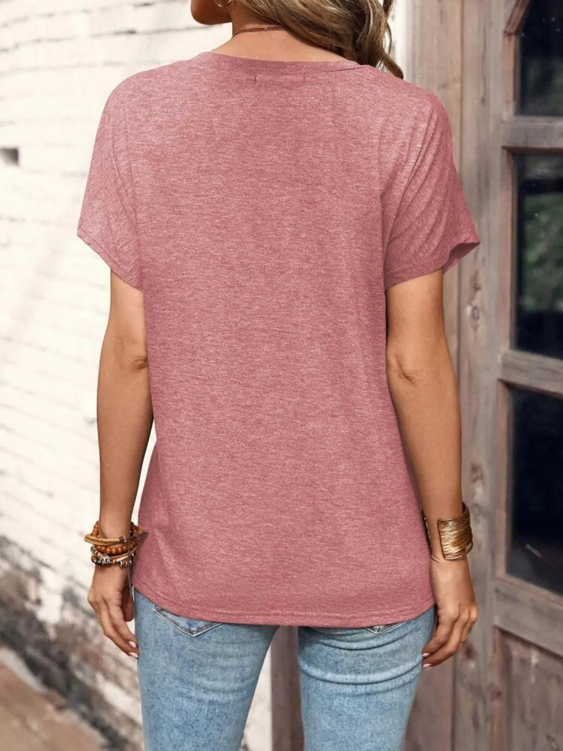 Half Button Short Sleeve Top- Dusty Pink